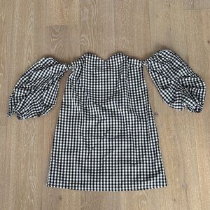 EXPRESS Gingham Black & White Off-the-Shoulder Dress with Sleeves.
